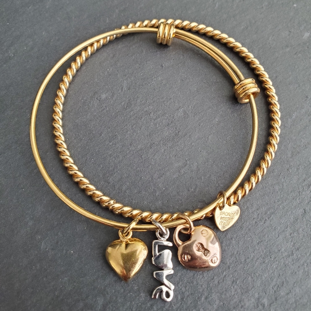 Bronze Milor Italy Sentiments Love Charm Bangle Gold tone Expandable Bracelet